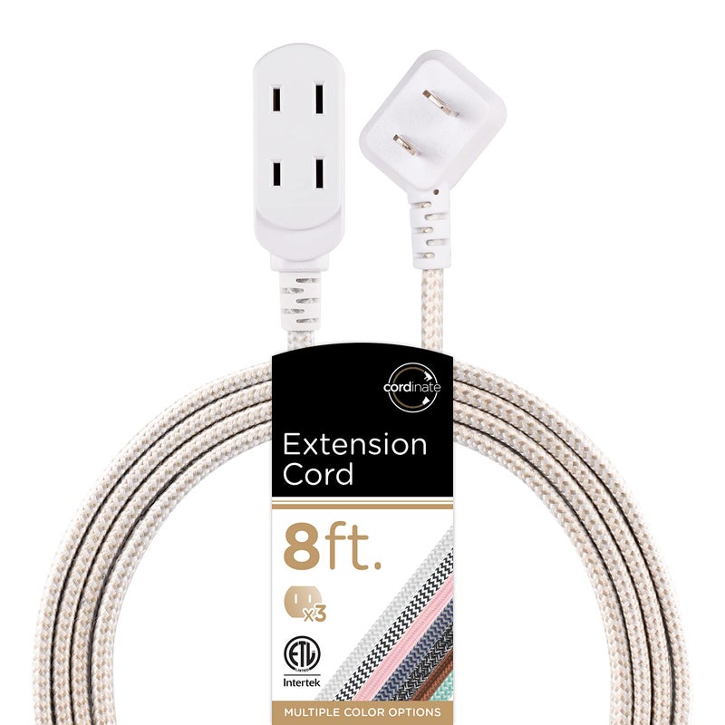 Cordinate Designer 3-Outlet Extension Cord, 2 Prong Power Strip, Extra Long 8 Ft Cable with Flat Plug, Braided Chevron Fabric Cord, Slide-to-Close Safety Outlets, Tan/White, 41891 - Image 1